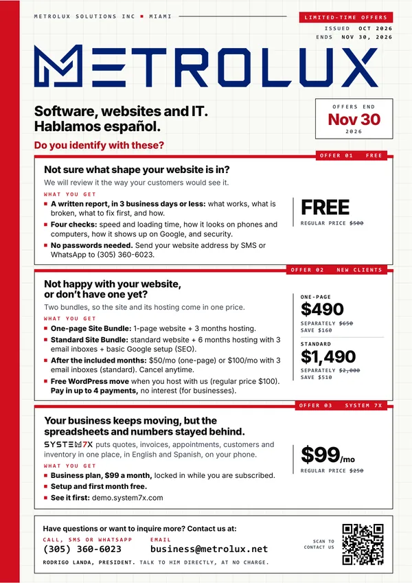 Page 1 of the PDF: the three offers on one page, with the November 30, 2026 deadline and our contact details.