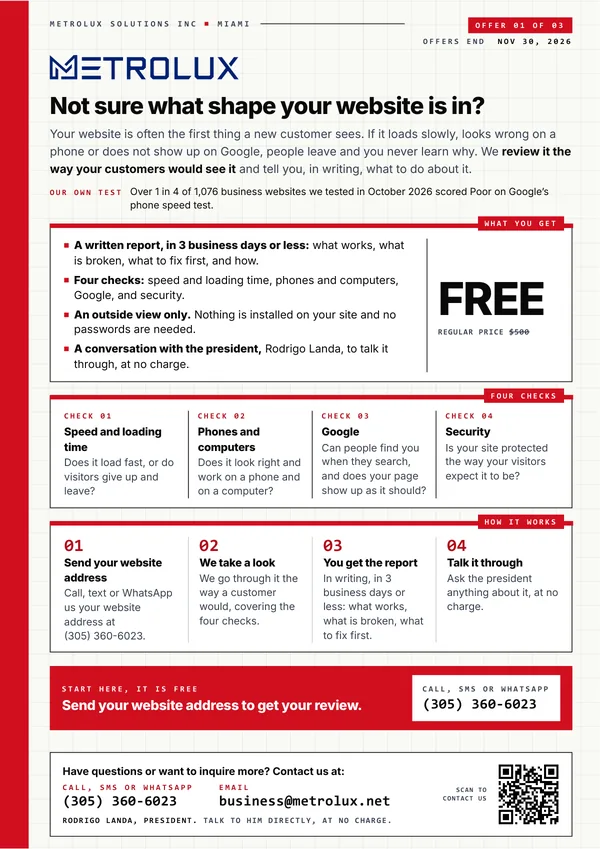 Page 2 of the PDF: the free website review, what it covers and how it works.
