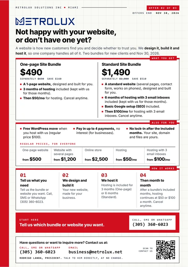 Page 3 of the PDF: the One-page and Standard Site Bundles for new clients, with prices and what each includes.