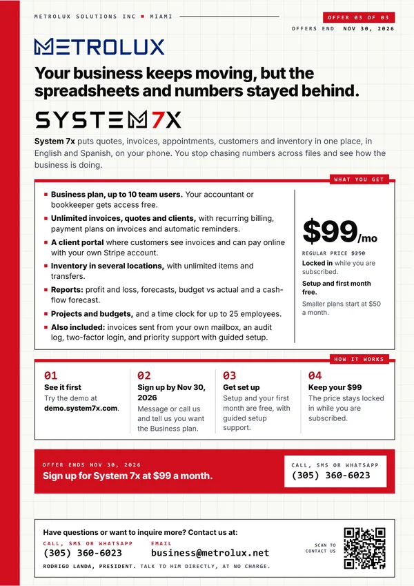 Page 4 of the PDF: the System 7x Business plan at $99 a month, what it includes and how to sign up.