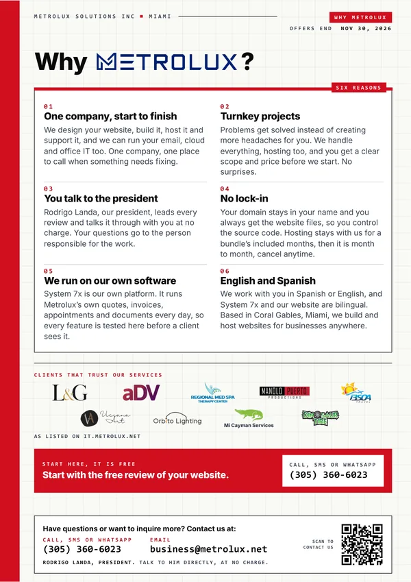 Page 5 of the PDF: why Metrolux, six reasons to choose us and the clients that trust our services.