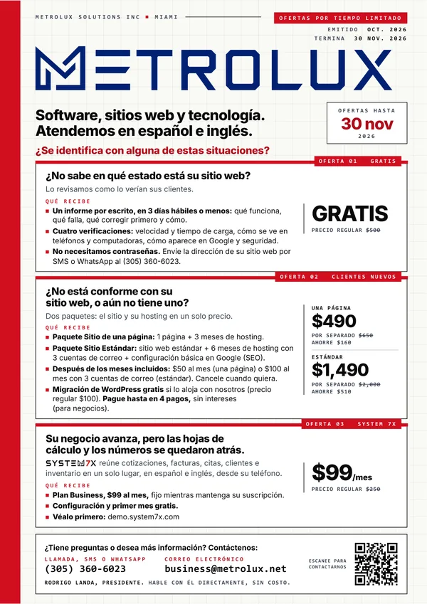 Página 1 del PDF: las tres ofertas en una sola página, con la fecha límite del 30 de noviembre de 2026 y nuestros datos de contacto.
