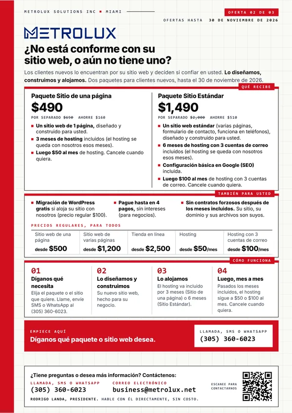 Página 3 del PDF: los paquetes de sitio de una página y estándar para clientes nuevos, con precios y lo que incluye cada uno.