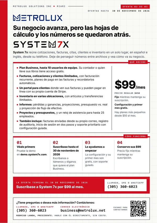 Página 4 del PDF: el plan Business de System 7x a $99 al mes, qué incluye y cómo suscribirse.