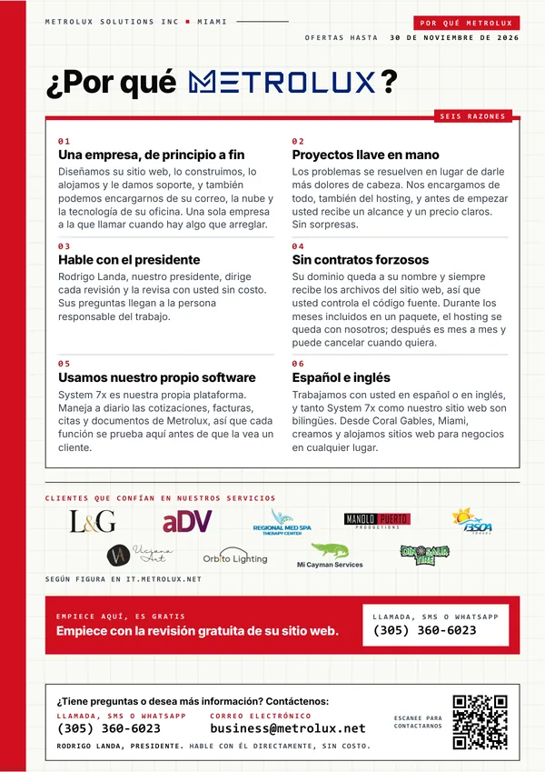 Página 5 del PDF: por qué Metrolux, seis razones para elegirnos y los clientes que confían en nuestros servicios.